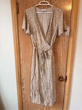 Wrap Maxi Dress in Beige with White Dot Print